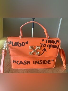 Orange Leather Top-Handle Crossbody with Graphic Print